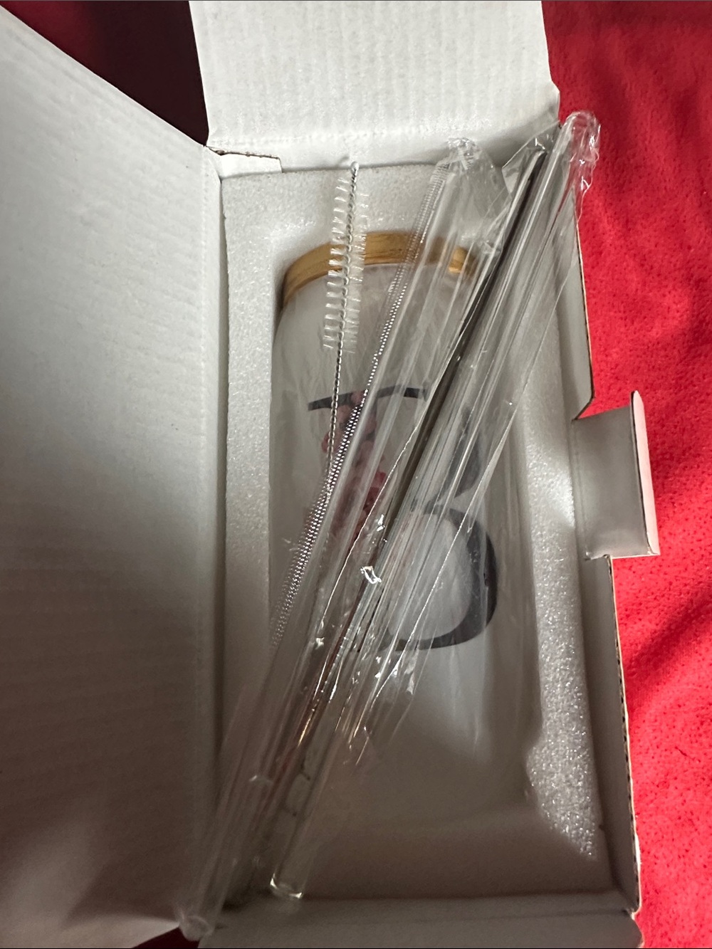 Monogram Floral 'B' Frosted Bottle with wooden Lid 3 straws and cleaning tool - Picture 7 of 8
